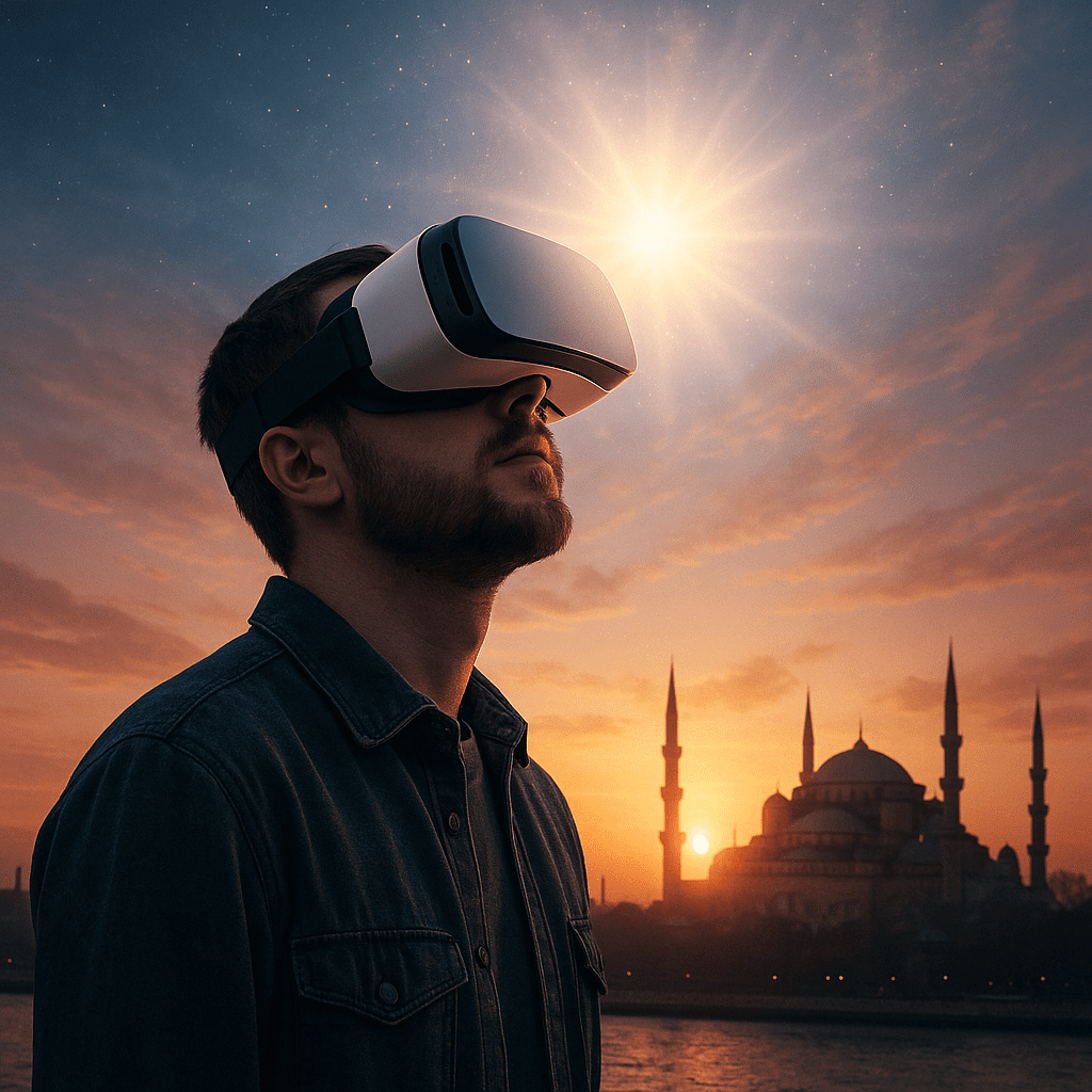 VR gözlüğü takan bir kişi, arkasında İstanbul silüeti ve tasavvufi ışıklar.