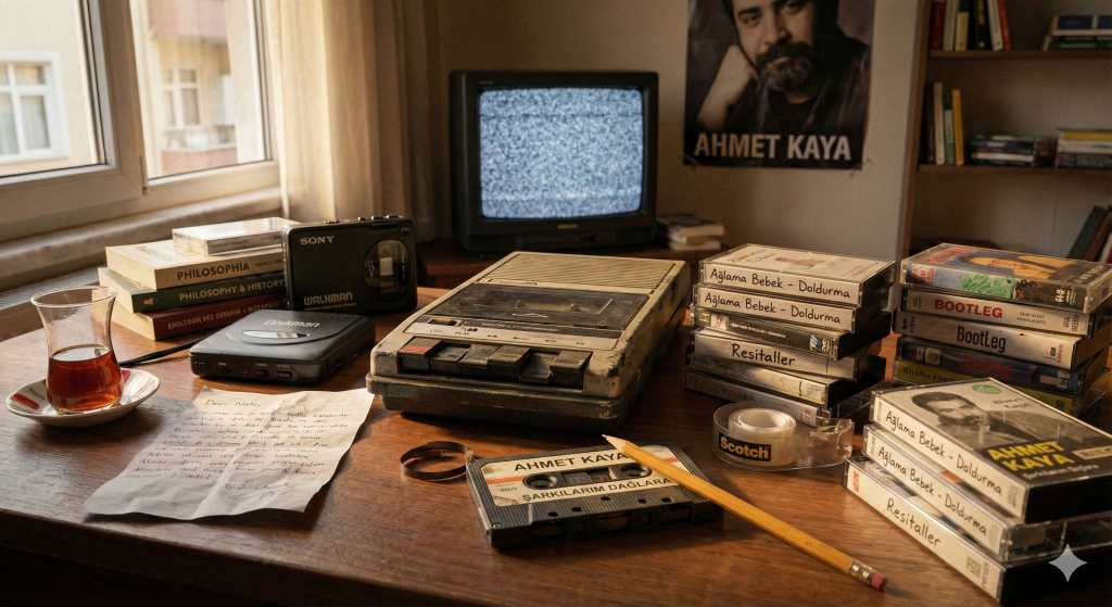 90'lı yıllar nostaljisi konseptli ahşap masa; üzerinde eski kaset çalar, Ahmet Kaya Resitaller ve Ağlama Bebek kasetleri, Walkman, Discman, kaset sarmak için kurşun kalem ve bant."